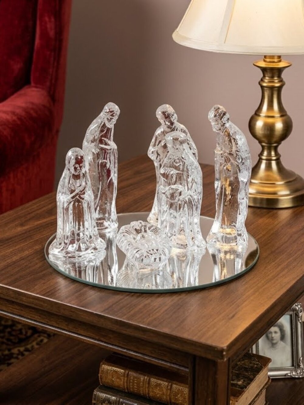 Vintage Nativity Scene Set Of 7 Glass Figurines On 5” Round Mirror Base (Taiwan